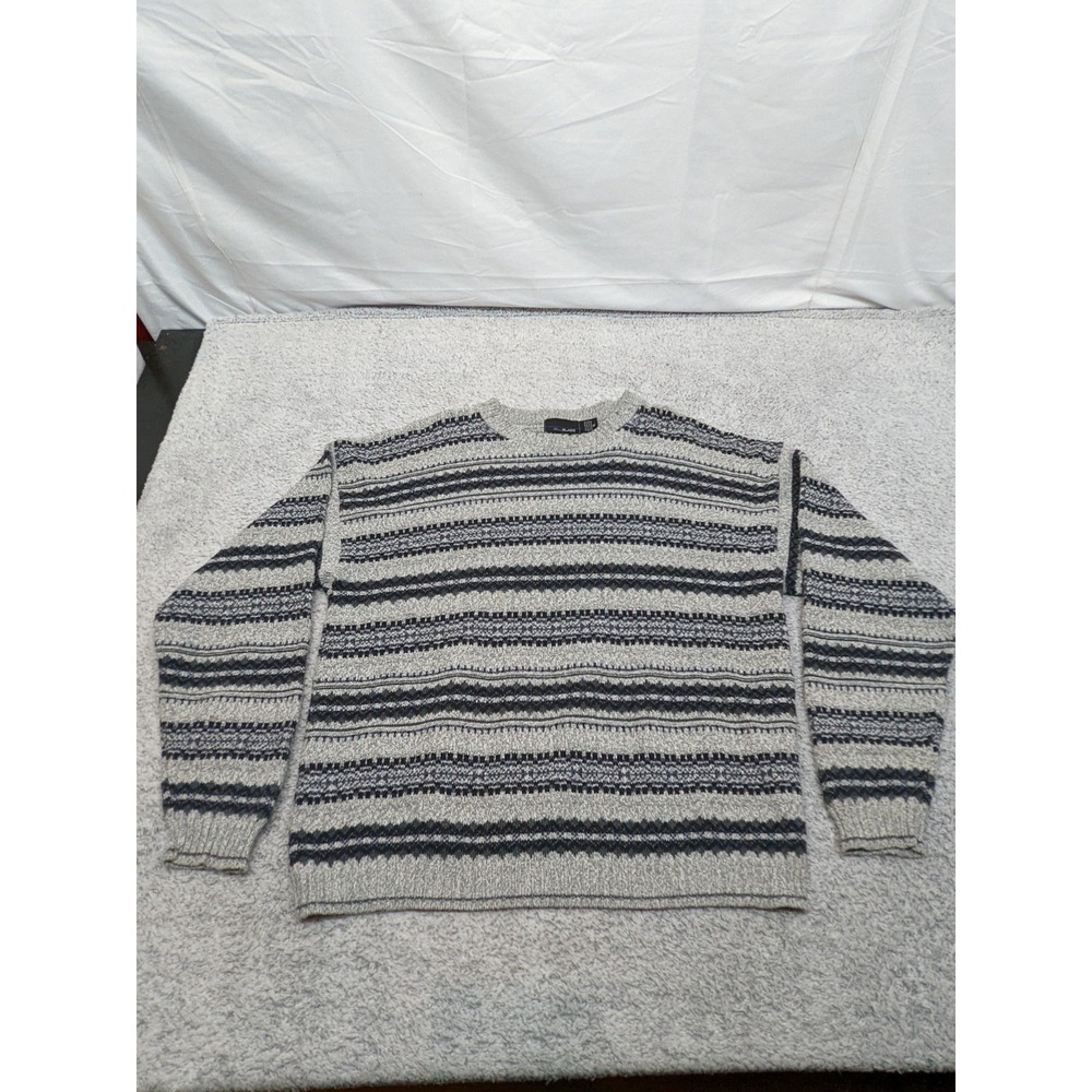 Bill Blass Fisherman‎ Striped Sweater Gray Mens Chunky Grandpa Preppy Retro XL